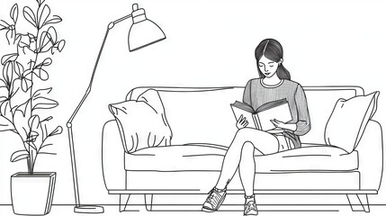 Continuous one-line drawing woman reading a book on the couch with a standing lamp. Living room concept single line draw design graphic vector illustration