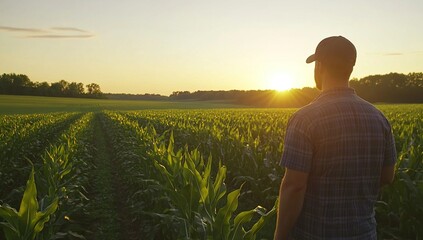 Fototapeta premium Farmer Surveys Golden Cornfield at Sunset: Agriculture, Farming, Crops, Harvest, Rural, Countryside, Field, Agriculture Industry, Plantation, Soil