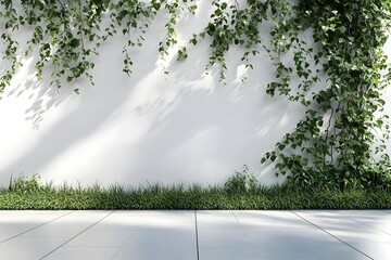 Fototapeta premium Green grass and white wall in a garden against a white backdrop,
