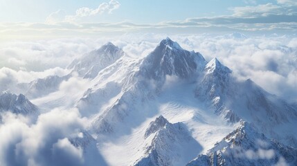 Naklejka premium Snow-covered mountain peaks pierce through a serene blanket of clouds