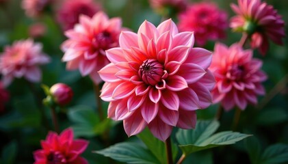 Intricate dahlia blooms, vibrant petals, lush foliage, garden, art, leaves