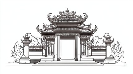 Continuous one line drawing Balinese Hindu Traditional Building Gate and Temple. Landmarks concept. Single line draw design vector graphic illustration.