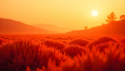 Fototapete A landscape bathed in a warm, monochromatic orange hue, reminiscent of a sunset or sunrise © Monster