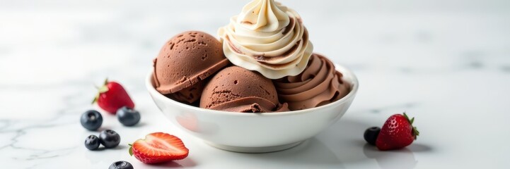 Swirled chocolate ice cream, white marble setting , sweet food, delicious food