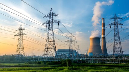 A power plant with cooling towers and chimneys emitting smoke surrounded by a network of high voltage electric transmission towers and power lines against a vibrant sunset sky