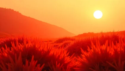 Fototapete A landscape bathed in a warm, monochromatic orange hue, reminiscent of a sunset or sunrise © Monster