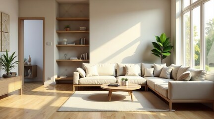 Fototapeta premium Modern Minimalist Living Room Design Featuring a Sectional Sofa and Abundant Natural Light