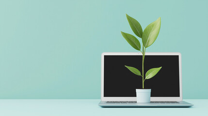 Digital Growth: A conceptual image portraying growth and innovation with a thriving plant emerging from a laptop's screen, symbolizing the growth and potential