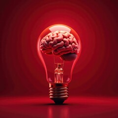 Brain growing inside illuminated lightbulb, red backdrop, mental health, visual