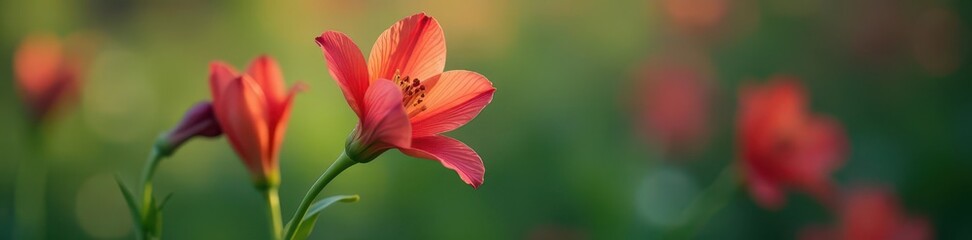 Naklejka premium Single alstroemeria stem, delicate petals, soft focus background , nature, red, greenhouse