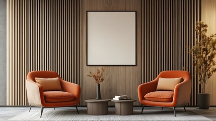 Modern office interior with blank poster mockup on wooden wall. 3D Rendering,

