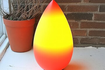A glowing teardrop shaped light on a windowsill