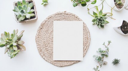A serene arrangement of succulents surrounding a blank sheet on a woven placemat, creating a calming and minimalist aesthetic.