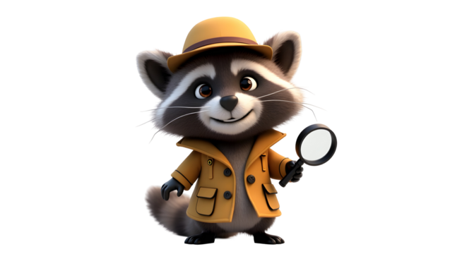 Cartoon Raccoon Detective Holding Magnifying Glass in a Yellow Coat