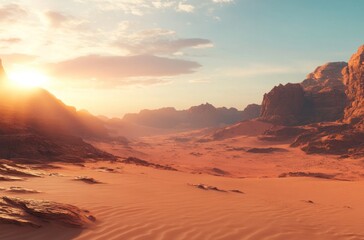 Naklejka premium A scenic desert landscape at sunset with golden sunlight shining