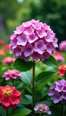 Fototapeta premium A large hydrangea flower opens its petals in the center of a lush garden, with various colorful flowers blooming around it, garden scene, floral arrangement