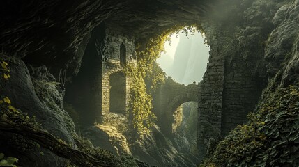 Obraz premium Ancient castle ruins peek through a cavernous rock opening, nature reclaiming history as vines drape over weathered stone.