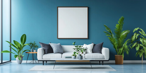 Innenarchitektur eines modernen Wohnzimmers mit Posterrahmen-Attrappe, farbenfrohen Dekorationen und Accessoires, Pflanzen, Sofa und Couchtisch. Blaue Wand. Wohndeko. Vorlage.
