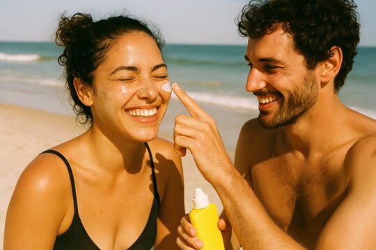 Happy couple applying sunscreen beach