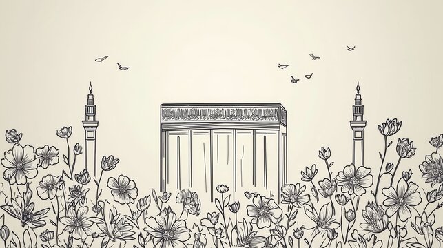 Continuous one line drawing Beautiful View of Qaba or Kabaa Shareef on floral. Hajj and umrah concept.  Single line draw design vector graphic illustration.