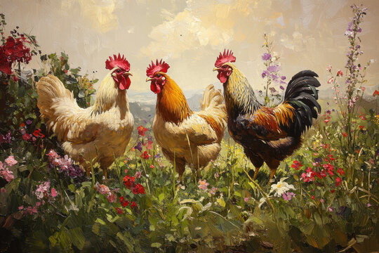 Two chickens in a field of flowers, one pecking the ground while the other looks around with vibrant flowers all around them.