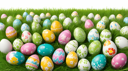 Painted Easter eggs in green meadow grass for a Happy Easter celebration on a white background
