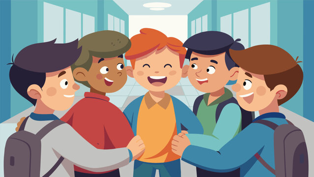 A group of boys huddled in a tight circle exchanging inside jokes and reminiscing about old times as they caught up in the familiar surroundings of the school hallway.. Vector illustration