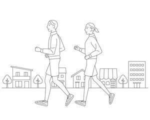 ジョギングをする男性と女性　カップル　ランニング　背景あり　線画