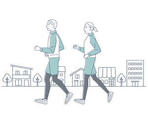 ジョギングをする男性と女性　カップル　ランニング　背景あり　手描き風