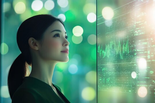 A young woman gazes intently at a futuristic green data display, contemplating complex information.
