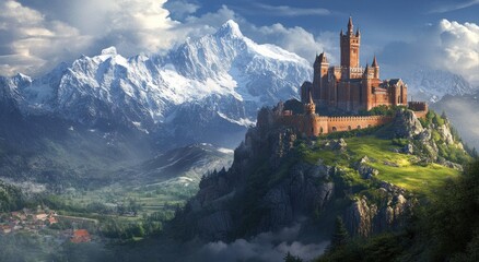 A grand castle stands high on a green hill in the mountains