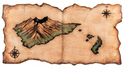 Vintage Island Map With Volcano On Aged Parchment