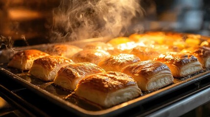 A tray of pastries is in the oven