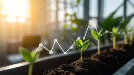 Growth of plants in a greenhouse with data analysis overlay representing agricultural progress and trends