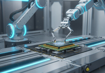 Robotic Arm Working on Microchip Assembly on Advanced Production Line - Image