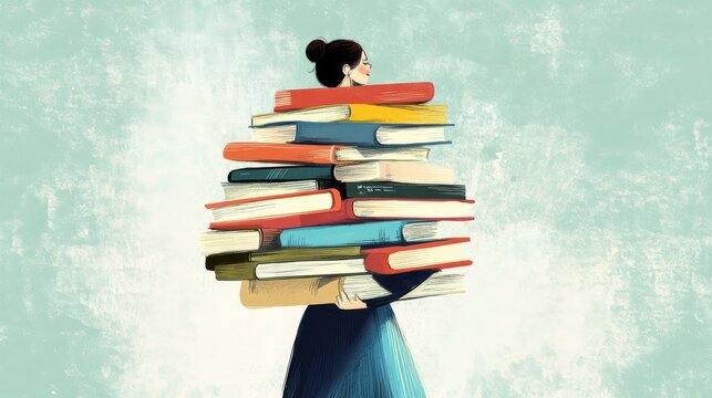 Single one line drawing women carry so many books. World book day concept. Continuous line draw design graphic vector illustration.