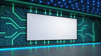 Blank futuristic screen on cybernetic wall with neon circuit design