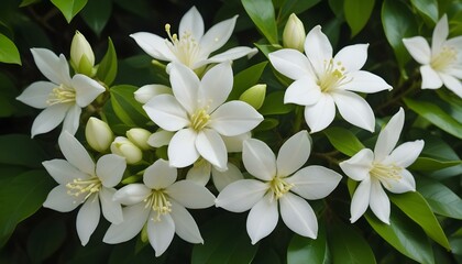 Obraz premium Close-up shot of a cluster of white jasmine flowers with five petals each, set against a backdrop of glossy green leaves