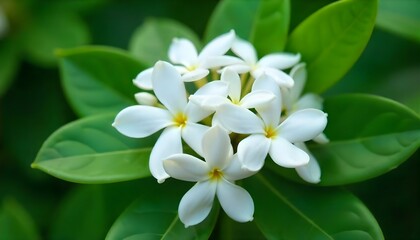 Obraz premium Close-up shot of a cluster of white jasmine flowers with five petals each, set against a backdrop of glossy green leaves