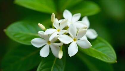 Obraz premium Close-up shot of a cluster of white jasmine flowers with five petals each, set against a backdrop of glossy green leaves