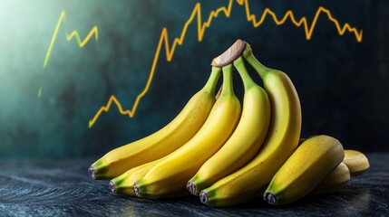 Bananas stacked with a financial graph in the background depicting market trends and economic data
