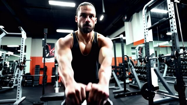 Close-up of a strong, muscular man working out in a gym, gripping equipment with intensity. Surrounded by fitness machines and weights,
