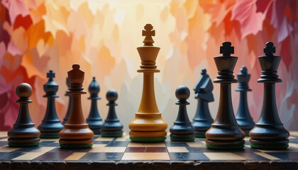Chess pieces are positioned on a board. A white king stands prominently in the center surrounded by black pieces, set against a vibrant, blurred backdrop.