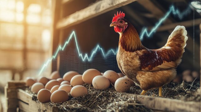 Chicken standing beside eggs in a barn with financial data overlay symbolizing agricultural market trends - Powered by Adobe