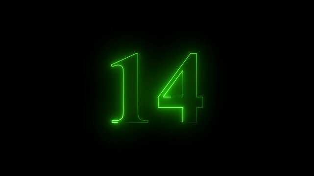 A bstract motion, and glowing neon number 14 animation on a black background. Followers Celebration text animation.