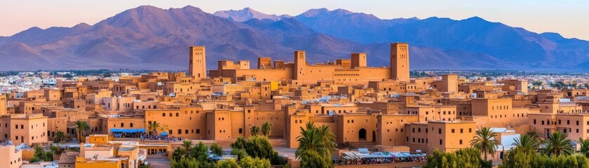 Stunning panoramic view of a historical Moroccan village surrounded by majestic mountains during sunset, showcasing traditional architecture and vibrant landscape.