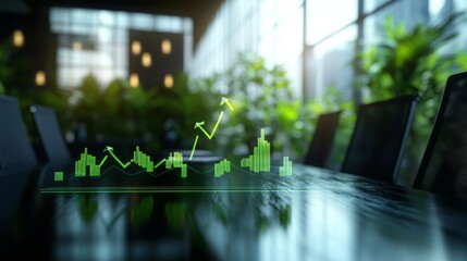 Business meeting room with growing financial graph overlay in a spacious, modern environment with greenery