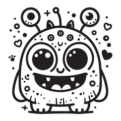 Obraz premium Cute Smiling Alien Monster with Big Eyes and Antennas – Fun Hand-Drawn Cartoon Character for Kids Coloring Page