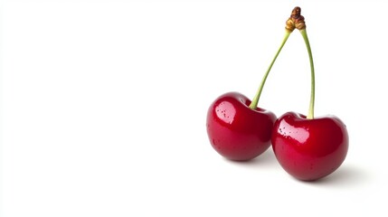 Fresh cherries on a white background showcasing vibrant color and natural sheen, perfect for summer snacks or desserts, isolated on white background