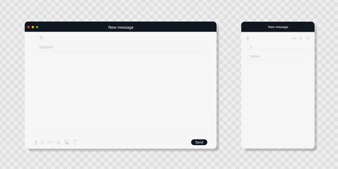 Email interface browser layout. Light mode pages for laptop and smartphone screens isolated on transparent background. Vector illustration